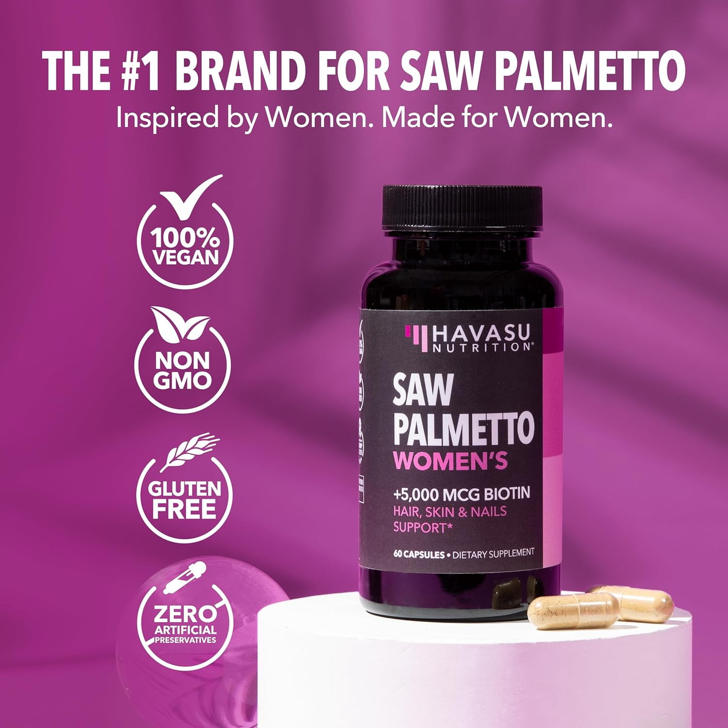 Havasu Nutrition Saw Palmetto Capsules For Women with 5000mcg Biotin for Hair, Skin & Nails, 120 Count