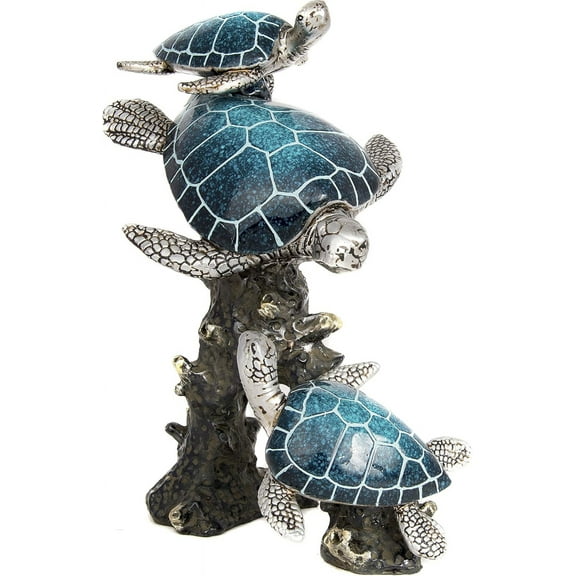 Triple Sea Turtle Statue – Ocean Decor Figurine with Coral Reef Base | Coastal Tabletop Accent in Bronze, Silver & Pacific Blue | Beach House Nautical Room Decoration (9.5" x 7.25")