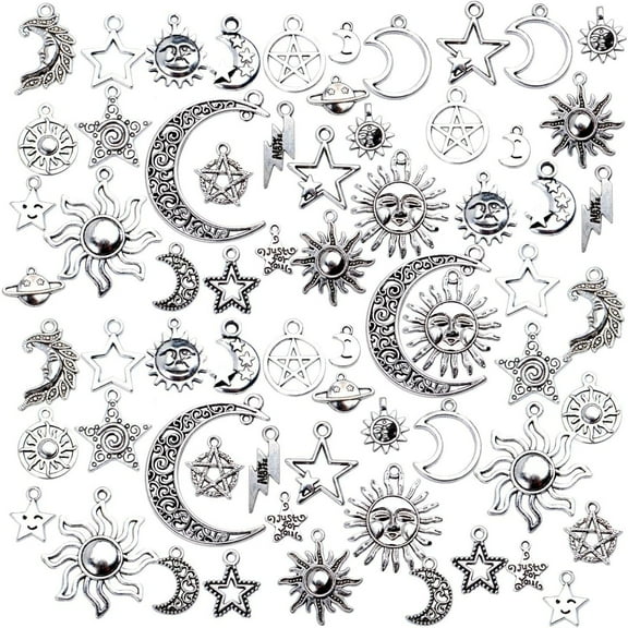 69 Pieces Antique Silver Alloy Moon Star Sun Charms Pendants Celestial Pendants Jewelry Findings for Necklace Bracelet Jewelry Making, 23 Styles