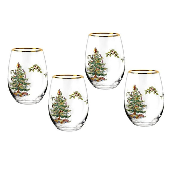 Spode Christmas Tree 19oz Stemless Wine Glasses, Set of 4 - Vintage-Inspired Holiday Drinkware with Cozy Seasonal Charm, Ideal for Mulled Wine at Festive Gatherings and Holiday Entertaining