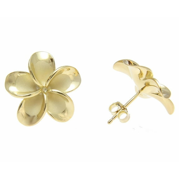 925 sterling silver yellow gold plated Hawaiian plumeria flower no cz stone post stud earrings 18mm