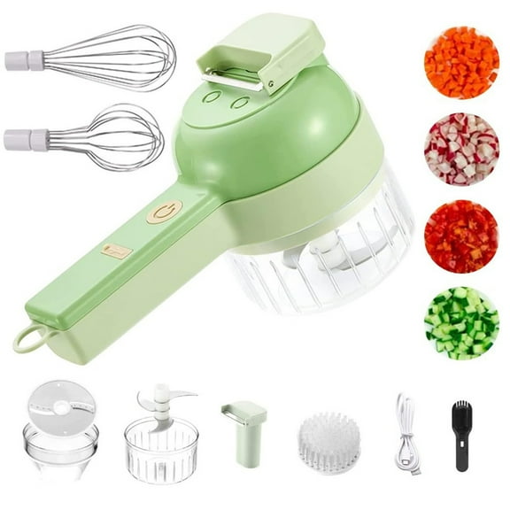 Slice Ease Electric Chopper, 4 in 1 Multi-Functional Portable Electric Vegetable Cutter Set, Wireless Grinder, for Home Kitchen Garlic, Peppers, Onions, Meat (Green, 2 egg beaters)