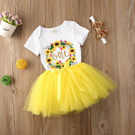 

Baby Girls 3Pcs Tutu Skirt Skirt Set Short Sleeve One Letter Print Romper+ Short Mesh Pompom Skirt + Bow Hair Band Set