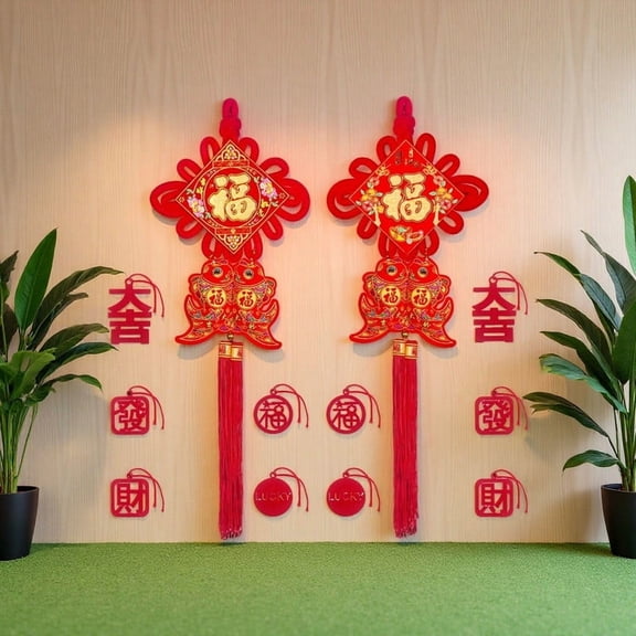 12 Pcs Good Luck Red Ornaments, Chinese Fu and Knot Hanging Decor for Spring Festival, 2026 Year of the Horse Blessing Home Decoration