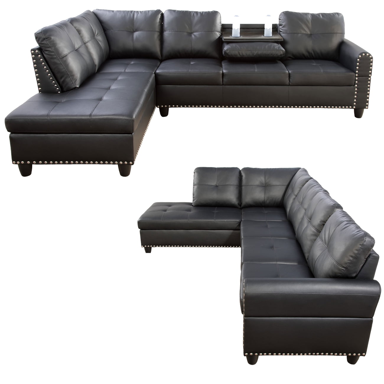 Sectional Couch for Living Room Furniture Sets, Faux Leather L Shape Living Room Sofa with Chaise 2 Piece Using for Apartment, Office, Bedrooms, Black(Facing Left Chaise)
