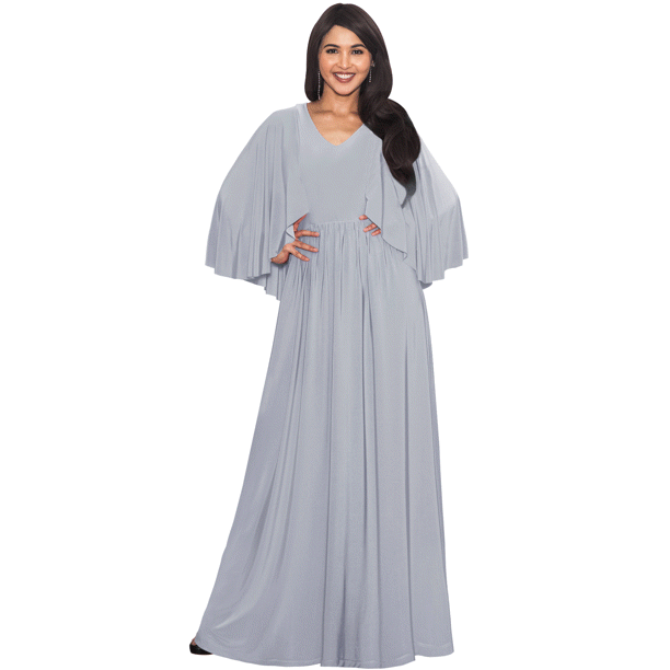 Koh Koh Koh Koh Long Cape Batwing Sleeve Modest Full Floor Length Flowy Fall Winter Elegant Evening Formal Funeral Church Wedding Guest Tall Maxi Dress Gown For Women Gray Grey Medium