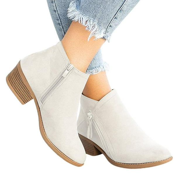 Women Double Zipper Flat Ankle Boots Warm Bootie Winter Leather Shoes 37 Beige