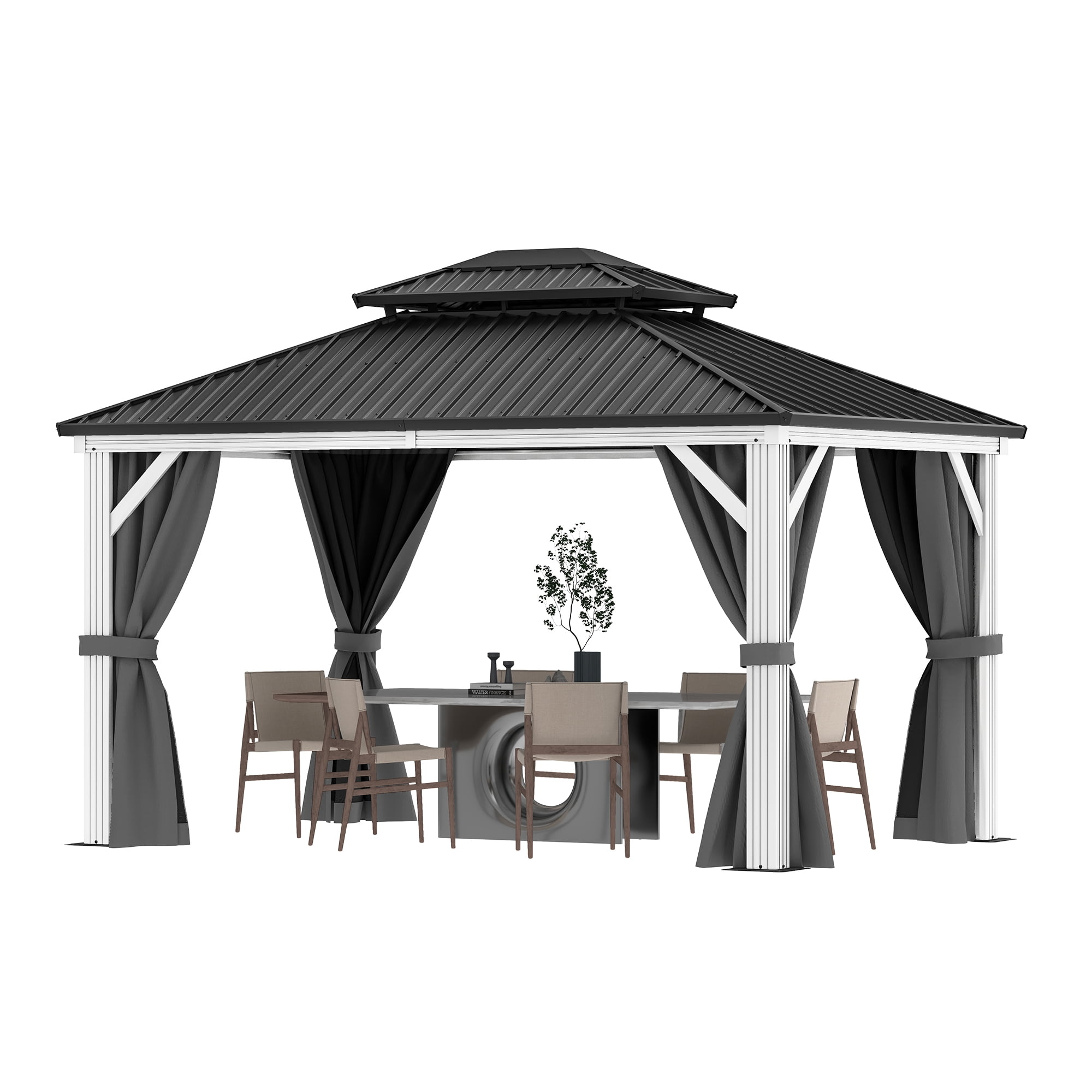 Dextrus 10' x 12'  Hardtop Gazebo with Netting & Curtains, Heavy Duty Double Roof Galvanized Steel Garden Tent for Patio, Backyard, Gray