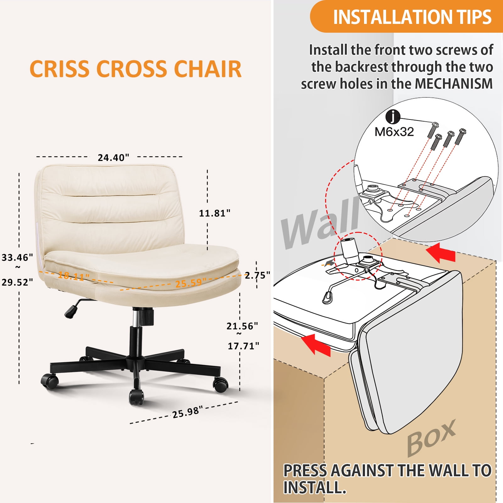 CloudRest Pro Armless Office Desk Chair, Criss Cross Swivel Chair with Wheels, Wide Seat Adult Vanity Chair for Home Office , Beige