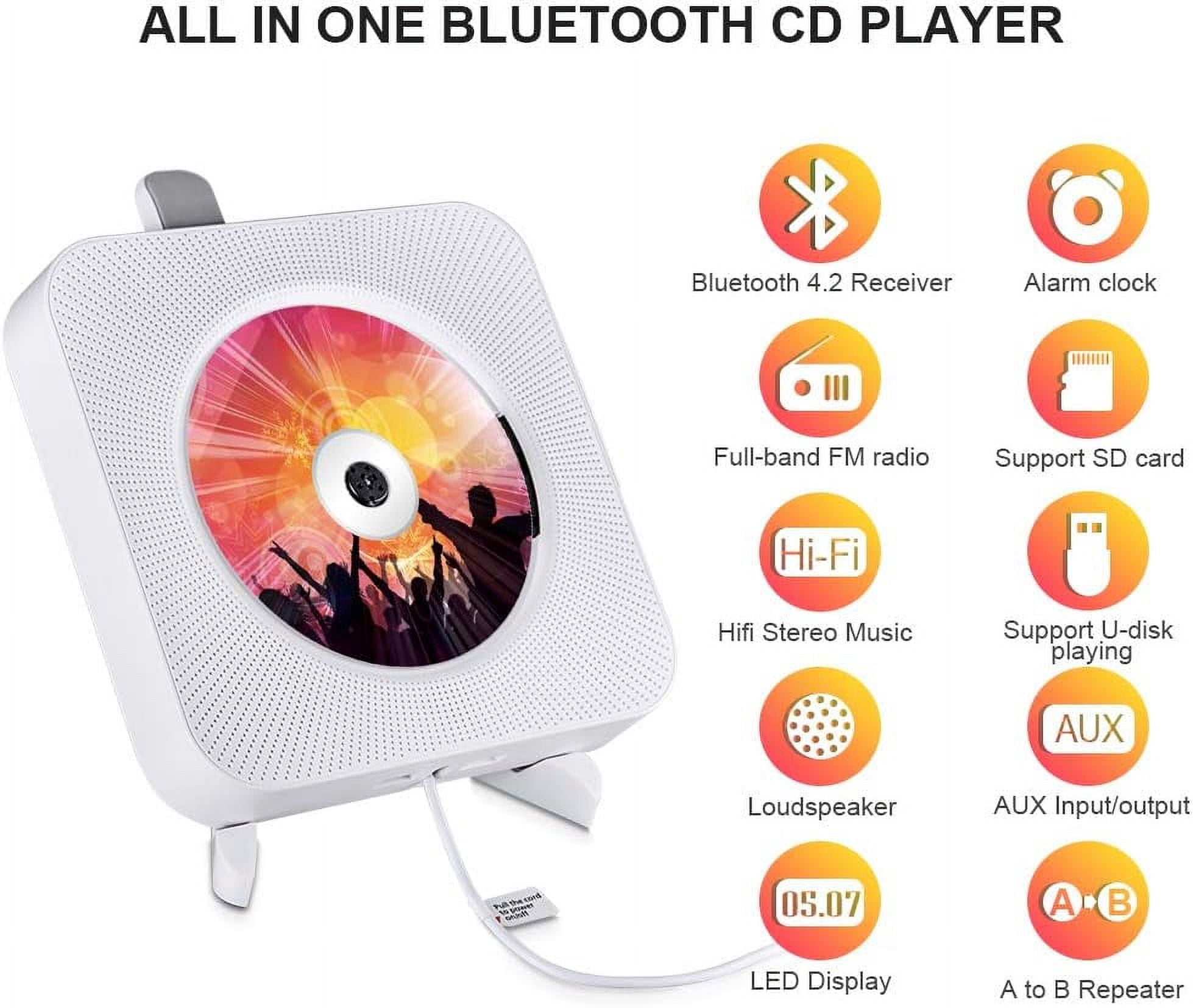 Qoosea CD Player Portable Bluetooth Wall Mountable CD Player for Home with Remote Control FM Radio Built-in HiFi Speakers LCD Display MP3 Headphone Jack AUX Input Output