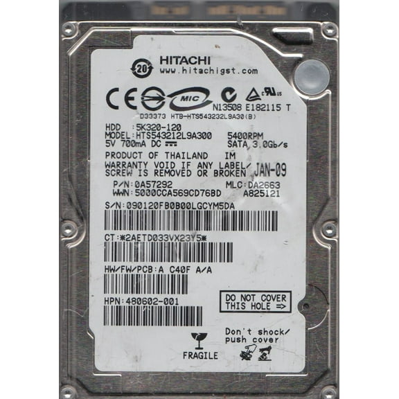 HTS543212L9A300, PN 0A57292, MLC DA2663, Hitachi 120GB SATA 2.5 Hard Drive