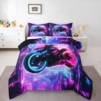 Homewish Motercycle Sports Player Full Size Comforter Sets for Kids, Futuristic Square Abstract Bedding Comforter Set, Fuchsia Blue Dirt Bike Reversible Bedding Sets, Super Cozy Room Decor, 3pcs