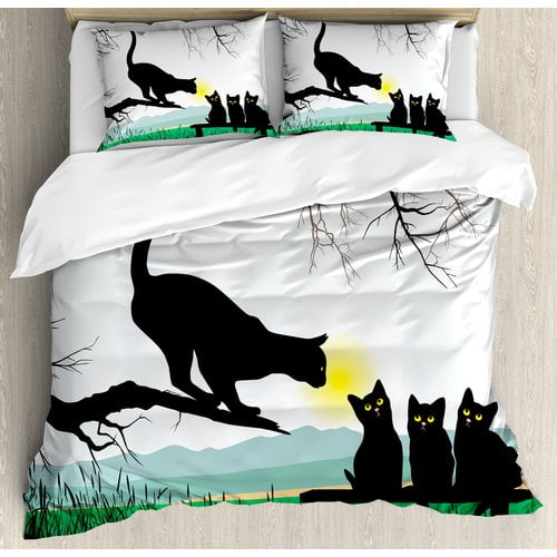 Ambesonne Cat Mother On Tree Branch And Baby Kittens Duvet Cover