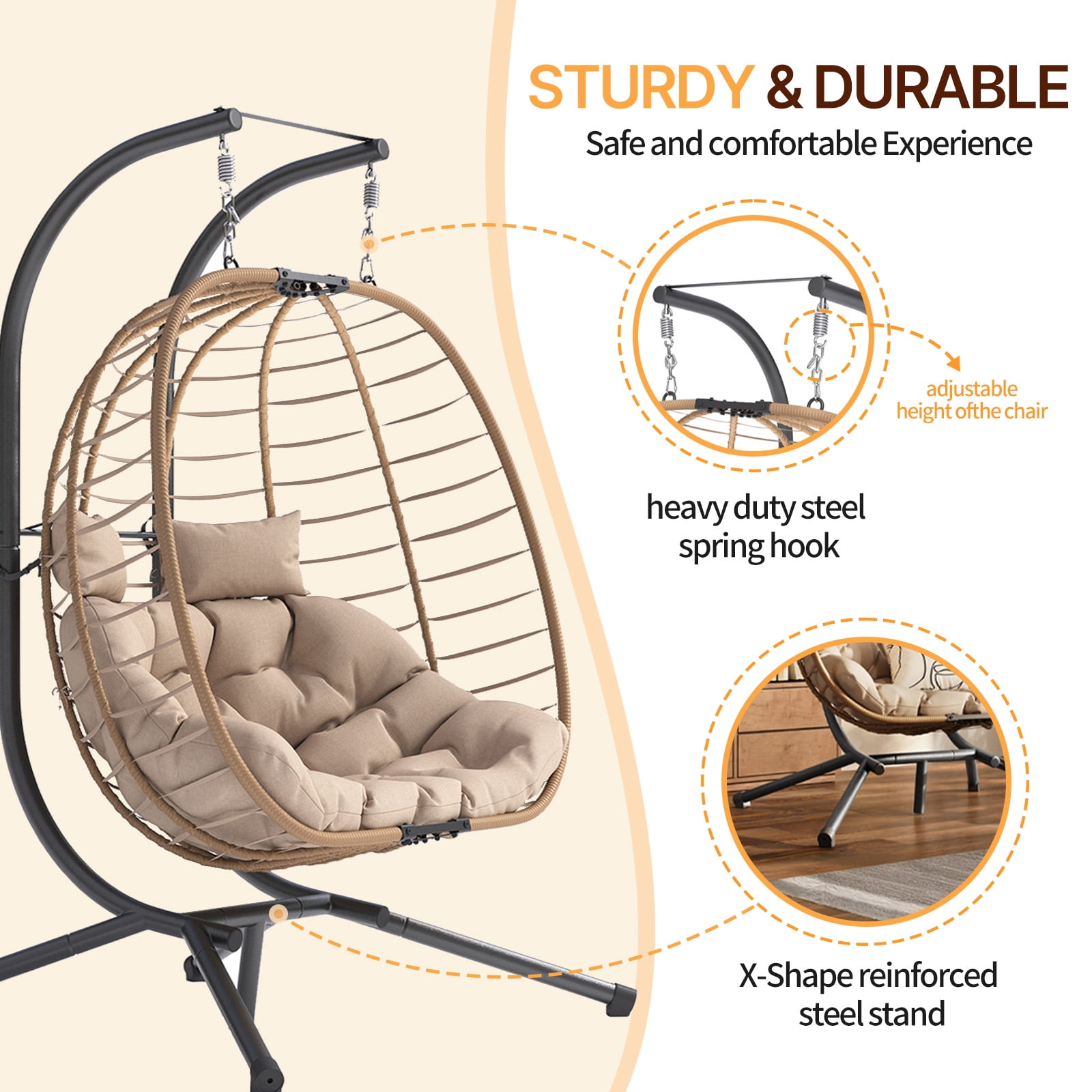 ELPOSUN Double Wicker Swing Egg Chair 2 Person Foldable Hanging Egg Chair with Stand, Porch Swing Loveseat for Patio, Balcony, Porch, Indoor，Outdoor, Beige