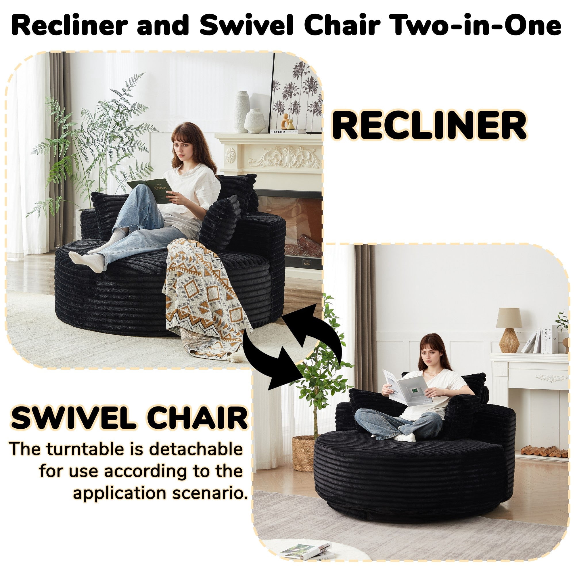 Sailvan 55" Corduroy Fabric Swivel Chair, Modern Round Sleeper Sofa with 360 Degree Rotation, Fluffy Foam Lounge Chair for Living Room Black