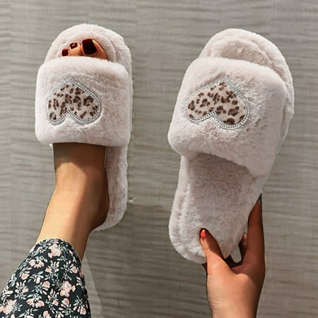 

Fashion Leopard Print Rhinestone Love Plush Shoes Thick-soled Cotton Slippers
