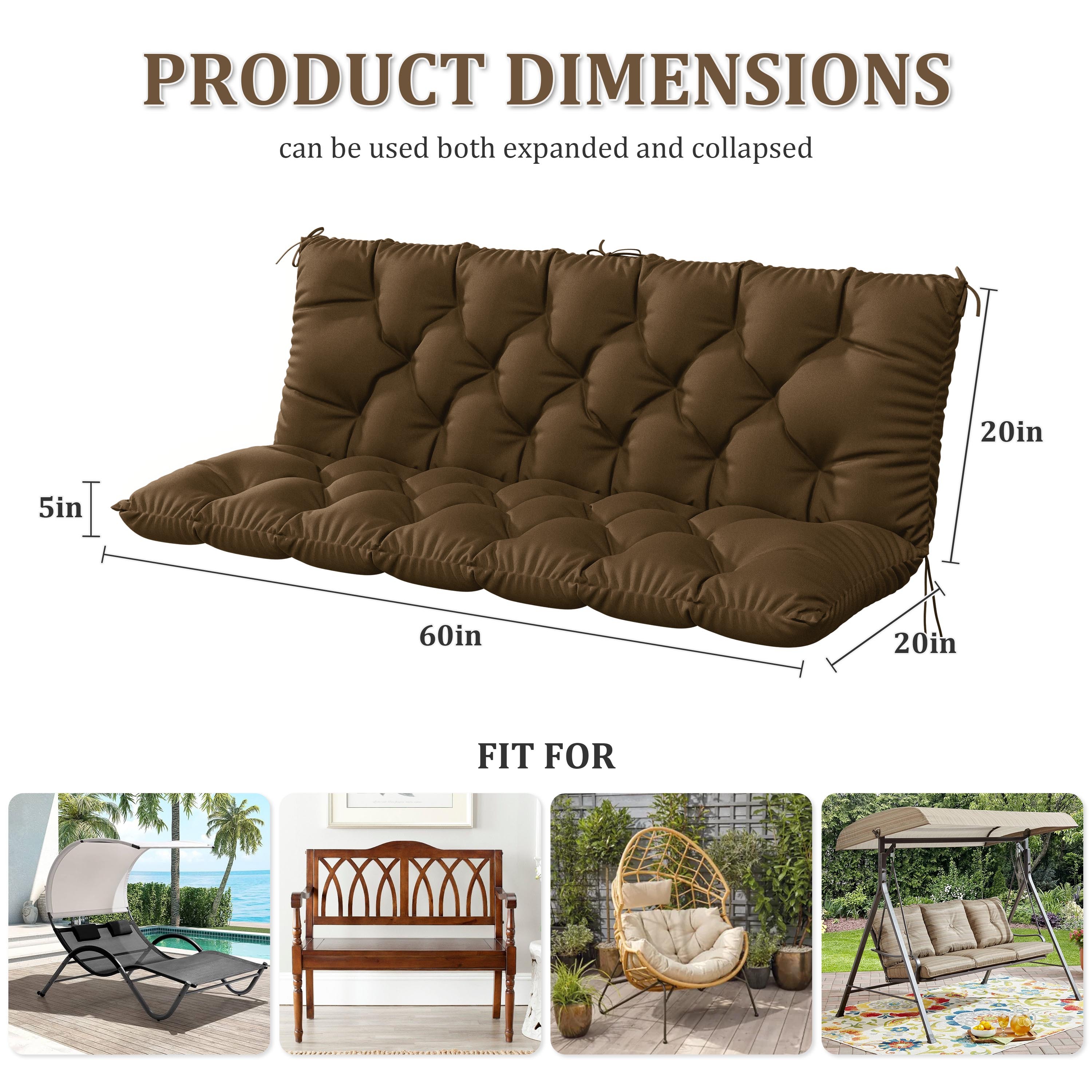 Kimunuk Outdoor Porch Swing Cushion, 60" X 40" X 5" Waterproof Bench Chair Replacement Cushion with 6 Ties for Patio, Chocolate