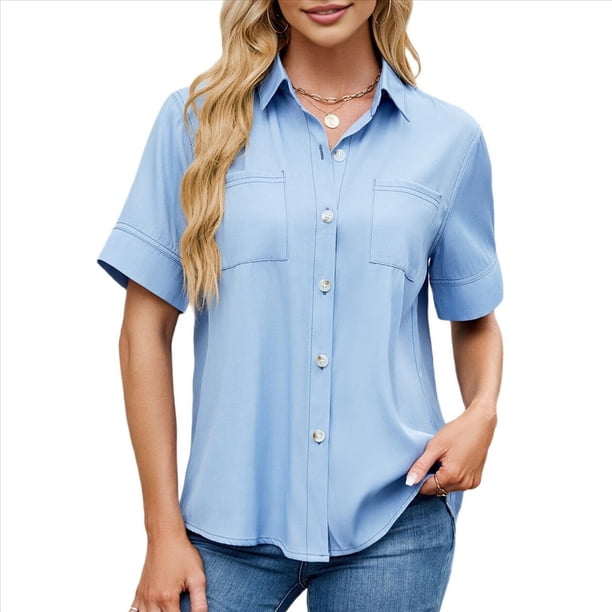Camisa Informal de Corta con Botones para Mujer, Blusa de Trabajo con Cuello y Bolsillo Azul L