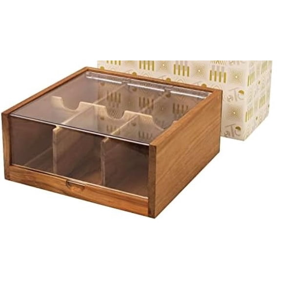 Acacia Wood Tea Bag Organizer Storage, Gift Box 6 Compartments Tea Chest Box with Acrylic Transparent Hinged Lid