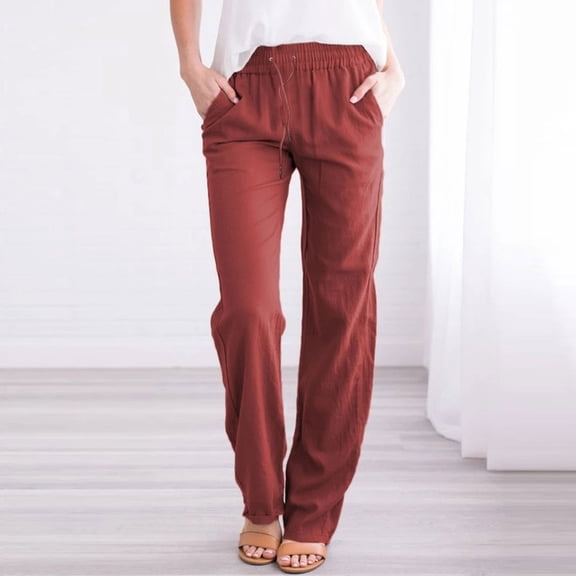 Xdegoge Cotton Linen Palazzo Pants for Women Straight Leg Elastic Waist Trousers Lightweight Breathable Summer Beach Boho Slacks
