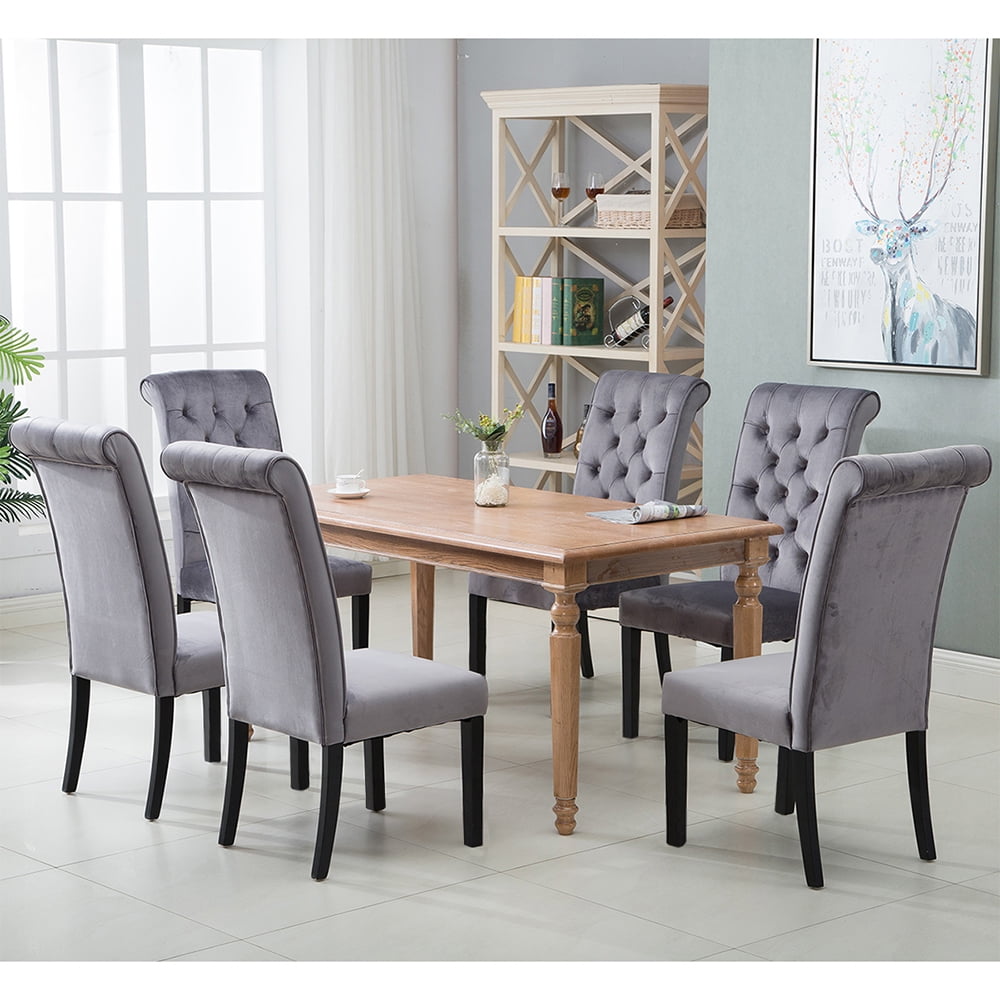 Lowestbest 6Pcs Upholstered Dining Chairs, Velvet Tufted Armless Chair with Solid Wood Legs, Leisure Side Chairs for Dining Room/Living Room, Grey Lowestbest 6Pcs Upholstered Dining Chairs, Velvet Tufted Armless Chair with Solid Wood Legs, Leisure Side Chairs for Dining Room/Living Room, Grey