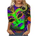thumbnail image 2 of Jsaierl Happy Mardi Gras Shirts for Women Funny Carnival Themed Mask Graphic Tees Trendy 3/4 Sleeve T Shirts Blouses Dressy Casual Round Neck Parade Tops, 2 of 5