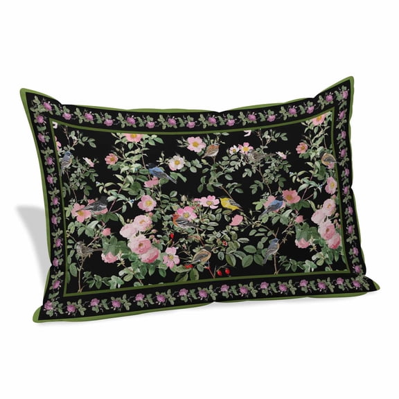 Black Spring Floral Pillow Covers, Linen Long Throw Pillow Case, Elegant Pastoral Flowers Birds Watercolor Holiday Pillow Protector Decorative Cushion Cover for Living Room/Bedroom 24" x 36"
