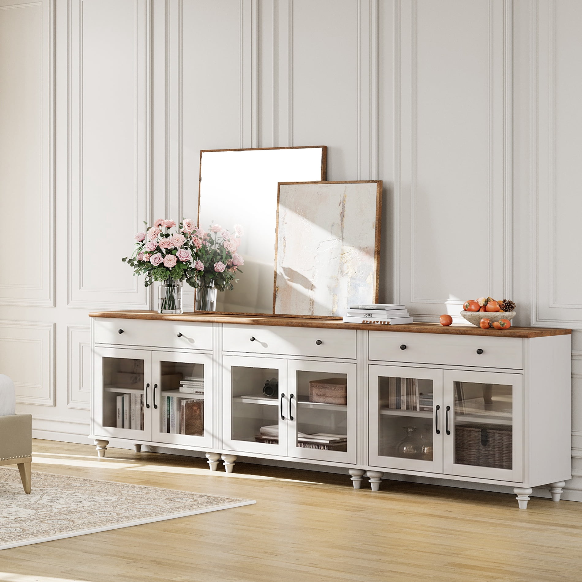 TV Stand For 100 Inch TV Inch TV, 3-In-1 TV Console Table For 75/80/85/90 Inch TV, Entertainment Center With 3 Drawers And 6 Doors, White