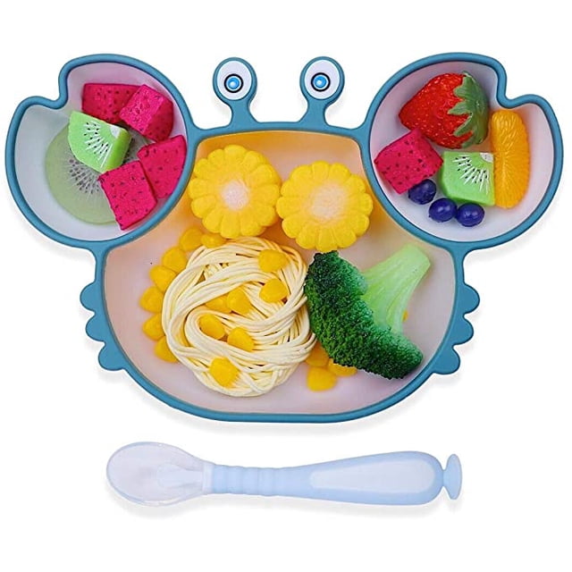 Plato con ventosa Vajilla de silicona Bebe Mantel individual de silicona con cucharas Plato de succión sin BPA para lavavajillas y microndes (azul) JM