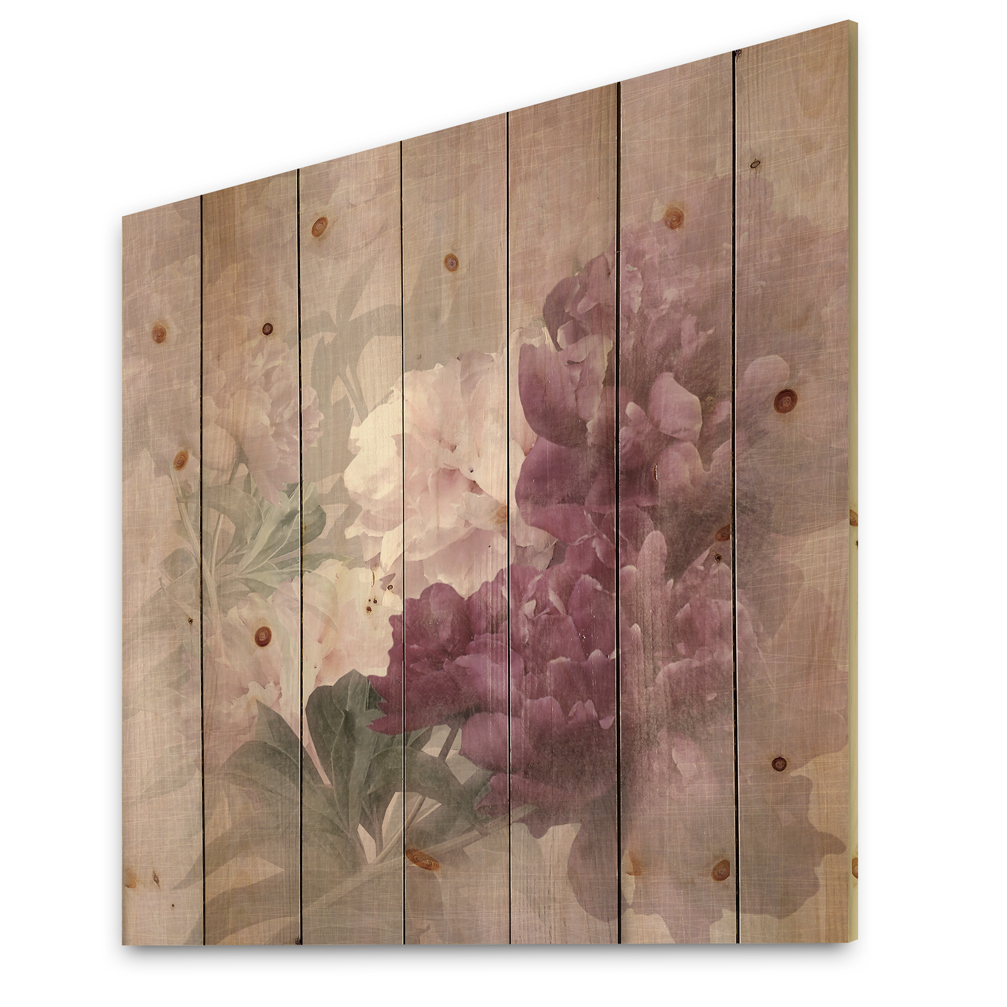 Designart 'Ancient Pink and Purple Flowers II' Traditional Print on Natural Pine Wood