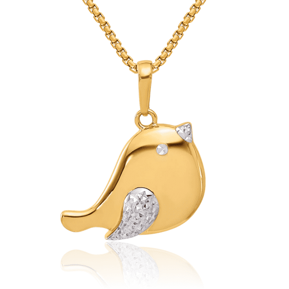 14K Solid Two Tone Yellow White Gold Bird Necklace Chain Pendant Charm