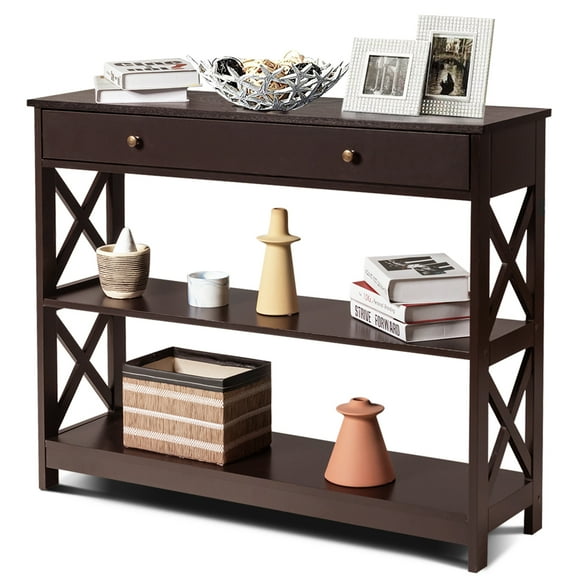 Costway 3-Tier Console Table X-Design Sofa Entryway Table with Drawer & Shelves Espresso