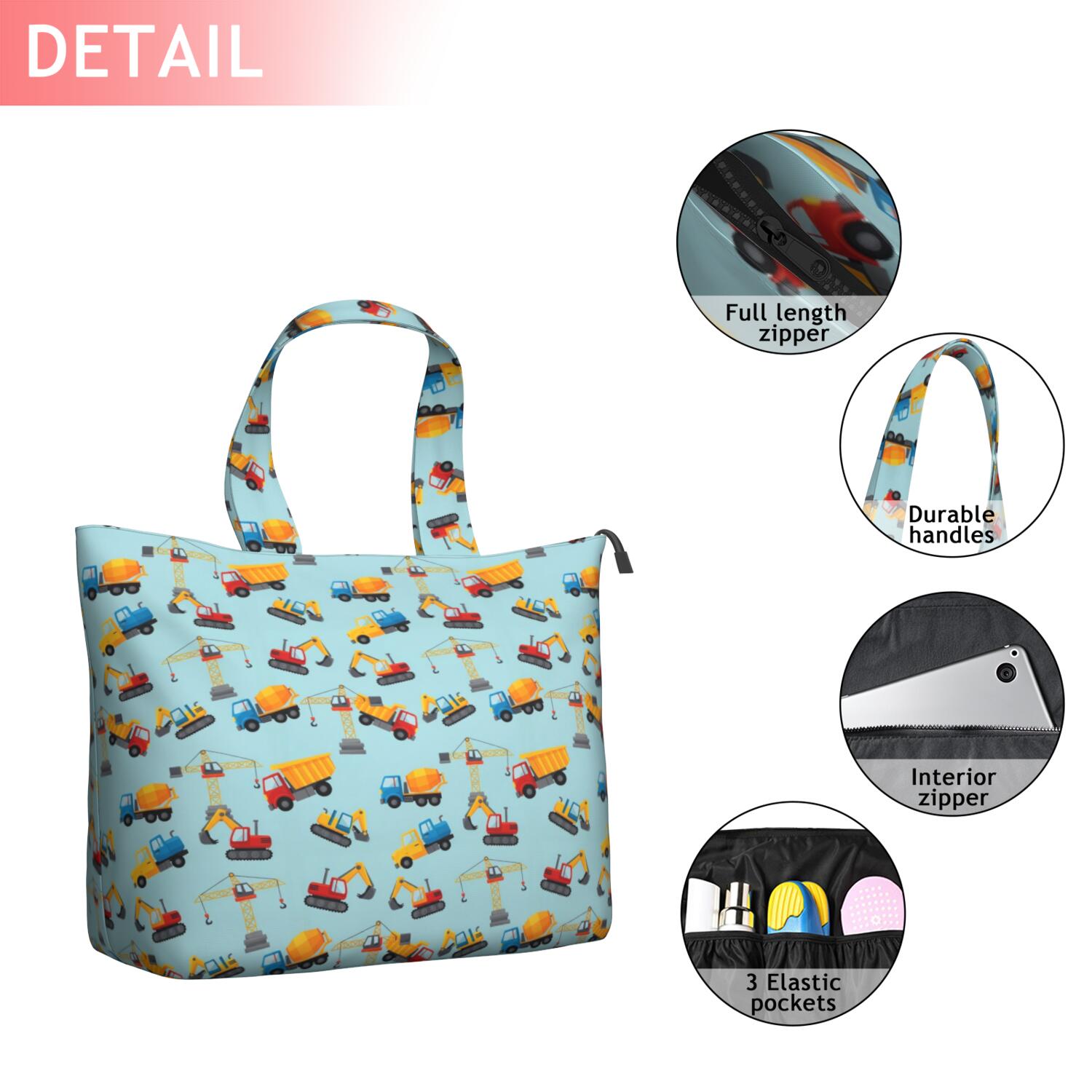 Cartoon Construction Vehicles Cranes Light Blue Pattern Travel Tote Bags for Women Carry On,Large Weekender Bags for Women Travel,Multi Functional Duffle Bag for Work,Shopping,Sports