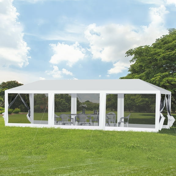 Outsunny 10' x 30' Party Tent, Camping Shelter Gazebo with Removable Mesh Side Walls, White