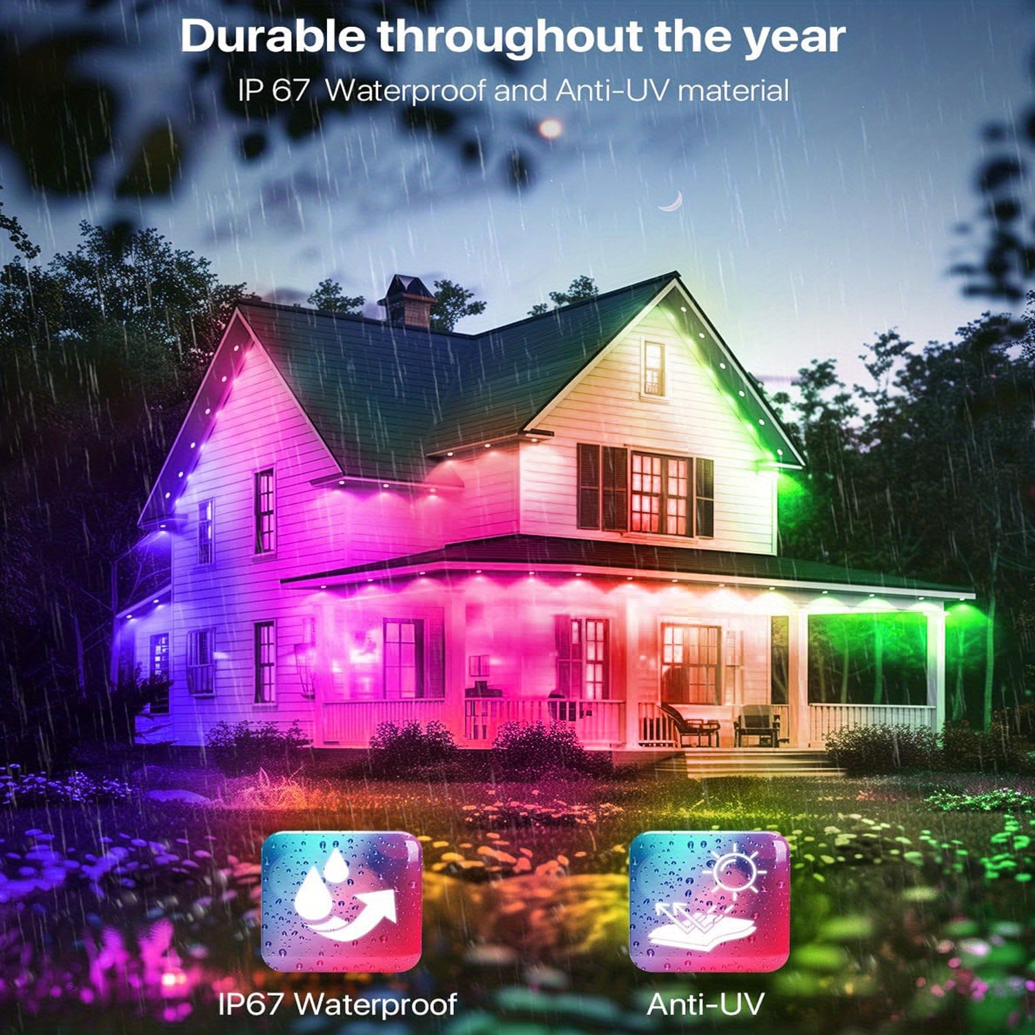 500ft/150M Permanent Outdoor RGB LED Eaves Light Strip - IP67 Waterproof, for Christmas Halloween Garden Outdoor Decor, Long-Lasting Holiday Lighting