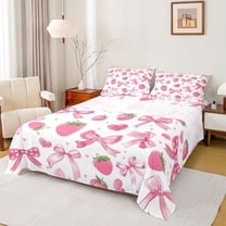 jejeloiu Cute Bowtie Bow Twin Sheet Sets,Sweet Strawberry Fruit Twin Fitted Sheet,Pink Bowknot Flat Sheet For Girls Kids,Super Cozy Room Decor,3 Pieces