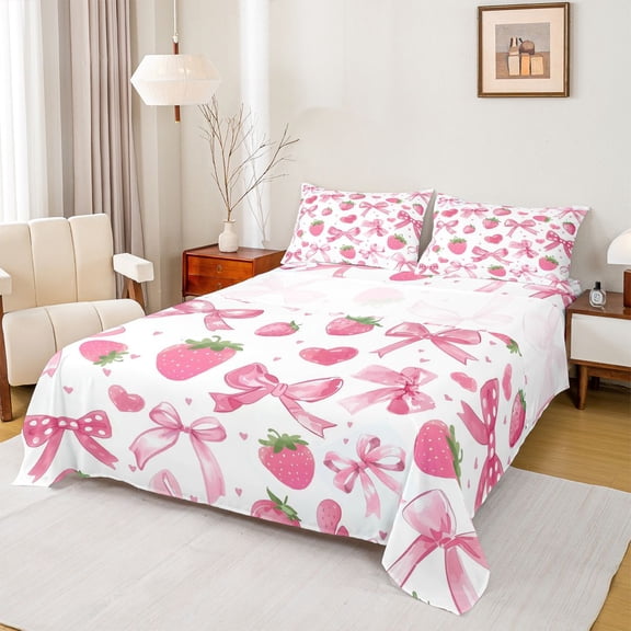 jejeloiu Cute Bowtie Bow Twin Sheet Sets,Sweet Strawberry Fruit Twin Fitted Sheet,Pink Bowknot Flat Sheet For Girls Kids,Super Cozy Room Decor,3 Pieces