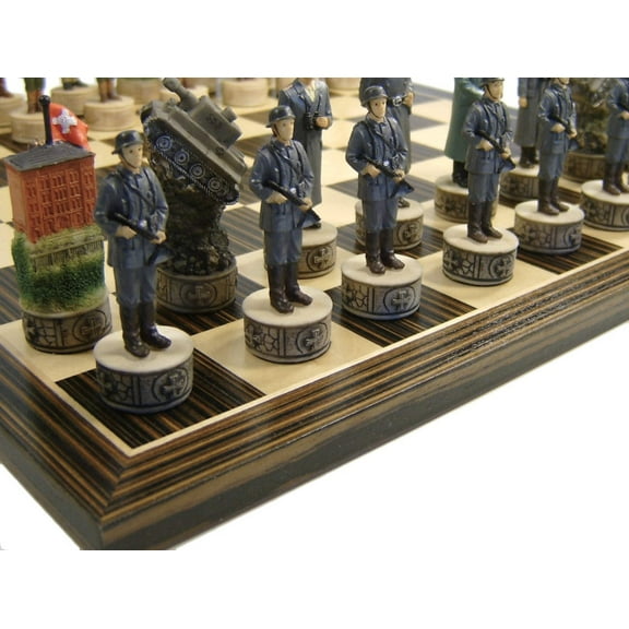 World War 2 US vs GERMANY Chess Set W/ Ebony Black  Maple 14" Wood Board