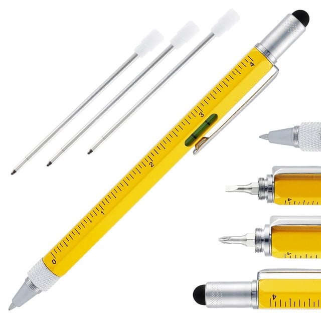 Multi Tool Pen 6 In 1 Ballpoint Pen with Ruler Level Cross Flat Head Screwdriver Touch Screen Pocket Multitool Pen with 3 Refills Engineer Carpenter Construction Tools