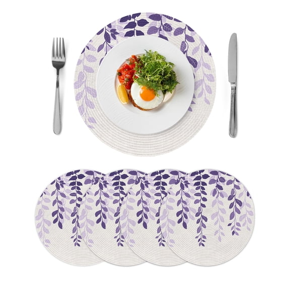 Purple Ombre Botanical Round 15 Inch Placemats Set of 4, Watercolor Pastoral Leaf Farmhouse HeatResistant Non Slip Place Mats for Dining Table, Wipeable Braided Kitchen Table Mats for Housewarming