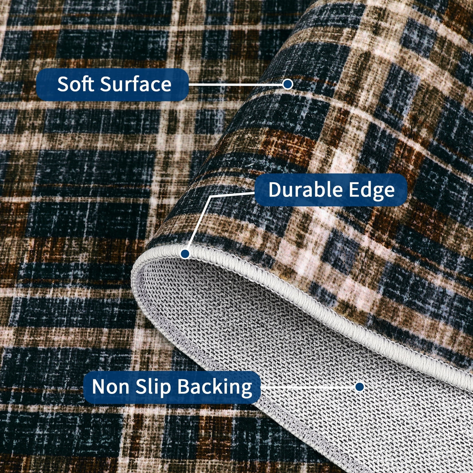 FairOnly Modern Geometric Plaid Non Slip 2'x6'Runner Rug British Style Machine Washable Soft Non Shedding Rug for Kitchen Hallway,Black Brown