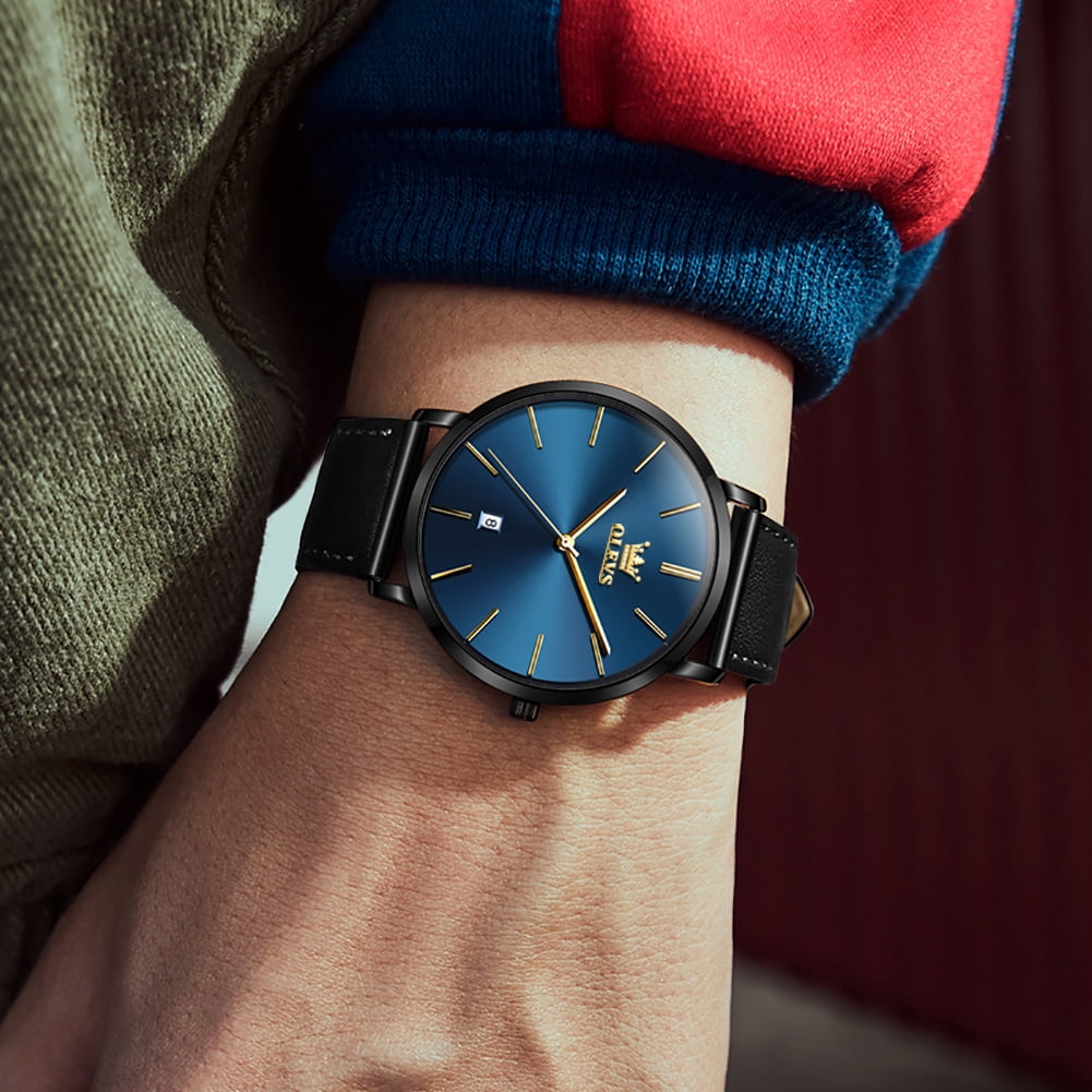 OLEVS Watches for Men Minimalist Ultra Thin Fashion Casual Analog Quartz Date Watch Waterproof Slim Simple Big Face Dress Mens Wrist Watches with Retro Leather Band for Men Reloj para Hombre