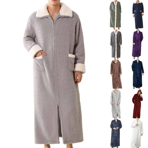 Xcmzpl Men's Flannel Zip Bathrobes Soft Warm Long Fleece Plush Robe Housecoats Nightgown Sleepwear with Pockets Bath Robe Mens