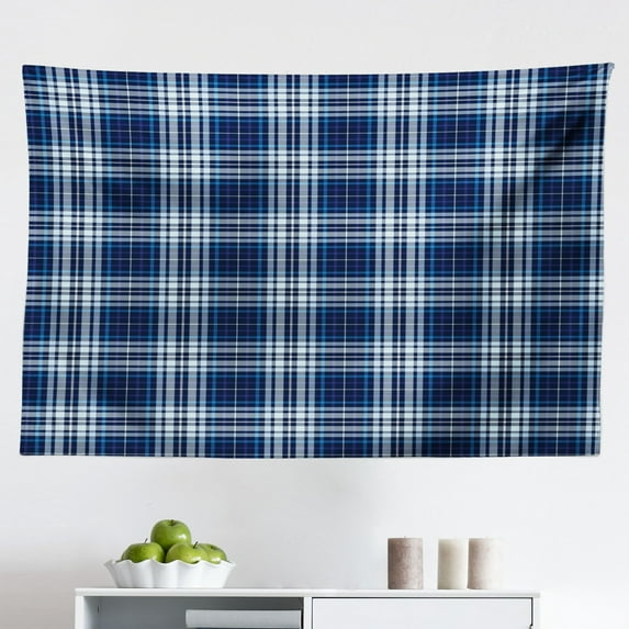 Navy Plaid Tapestry, Abstract Diagonal Lines Overlapped Squares Illustration, Fabric Wall Hanging Decor for Bedroom Living Room Dorm, 2 Sizes, Sky Blue Sky Blue, by Ambesonne