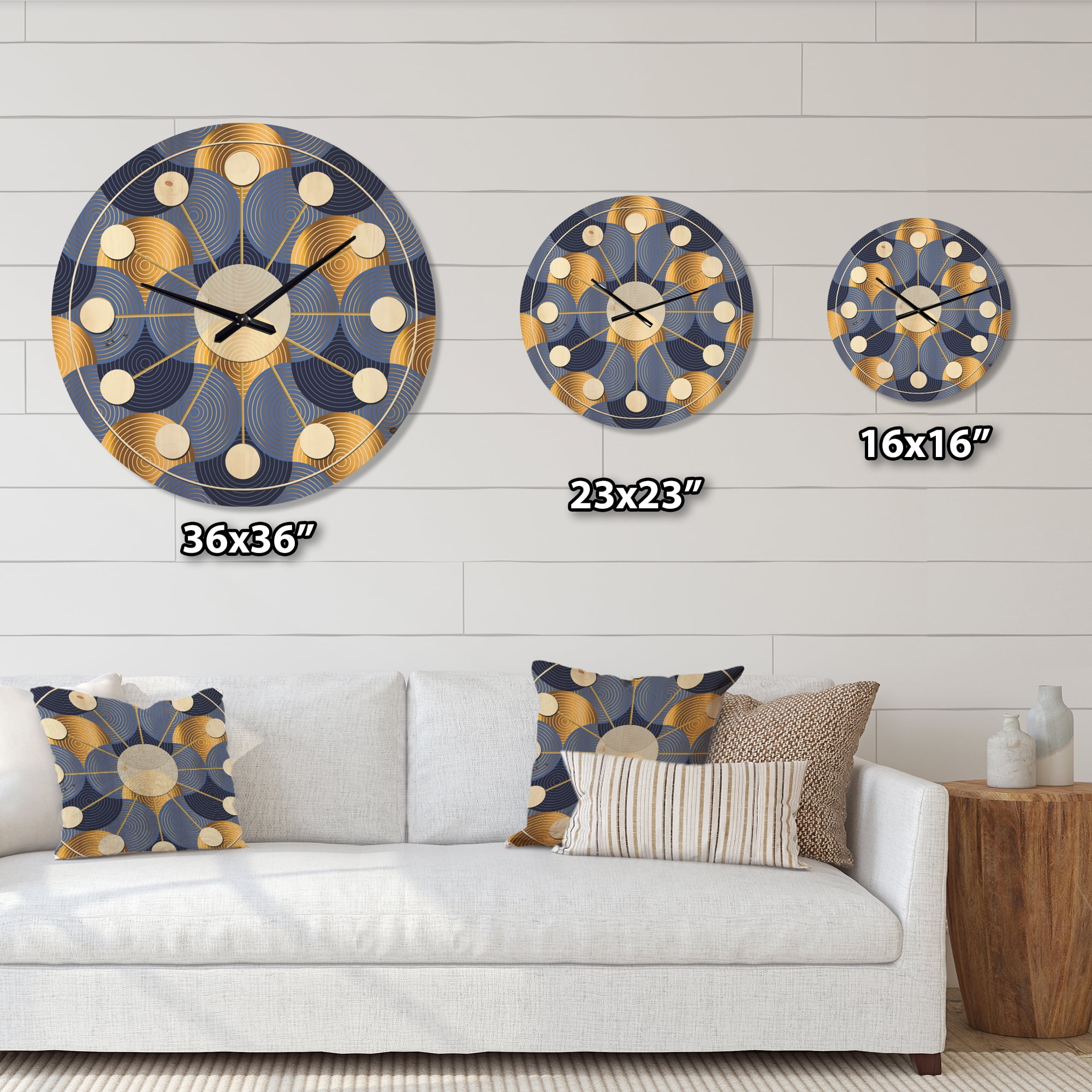 Designart 'Retro Luxury Waves In Blue and Gold VIII' Mid-Century Modern Wood Wall Clock