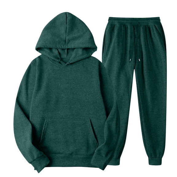 Women's two-piece sports casual suit - fleece hooded sweatshirt loose sweatpants with pocket design Army Green XL