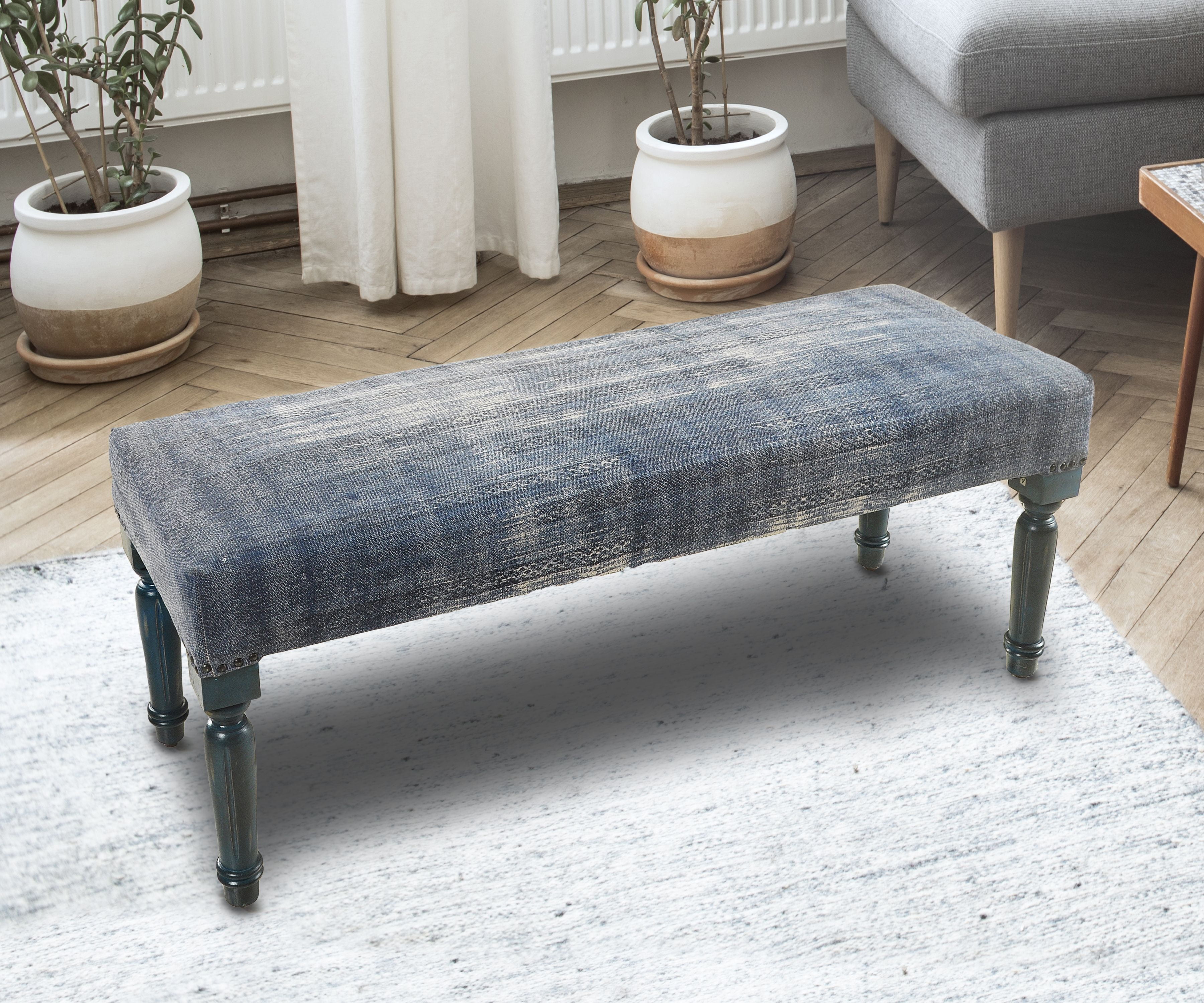 LR Home Distress Antique Cotton SpaceSaving Indoor Bench, Blue