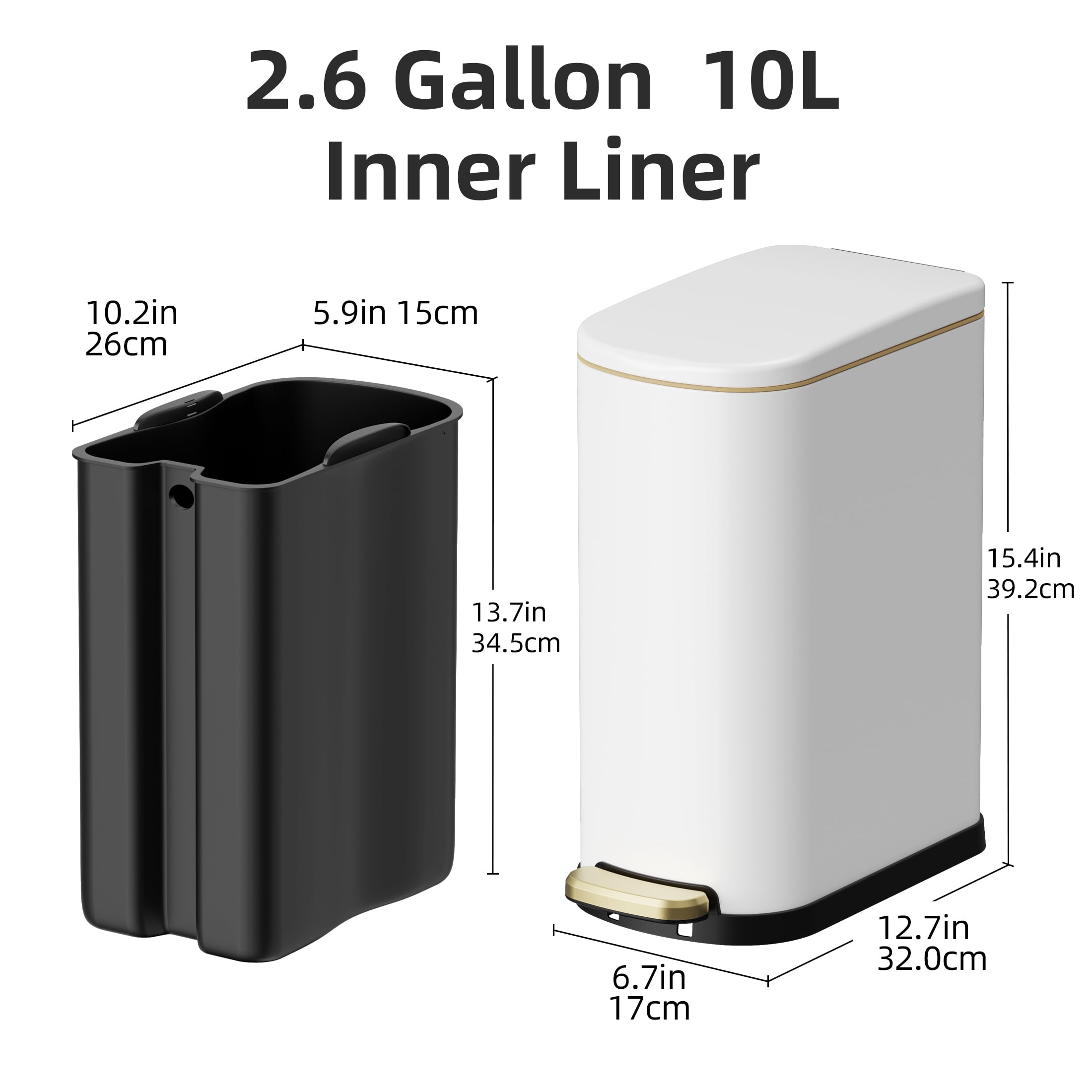 KSSKSS 2.6 Gallon/10L Slim Stainless Steel Bathroom Trash Can with Soft Close Lid, for Narrow Spaces,Bathroom, Bedroom (White)