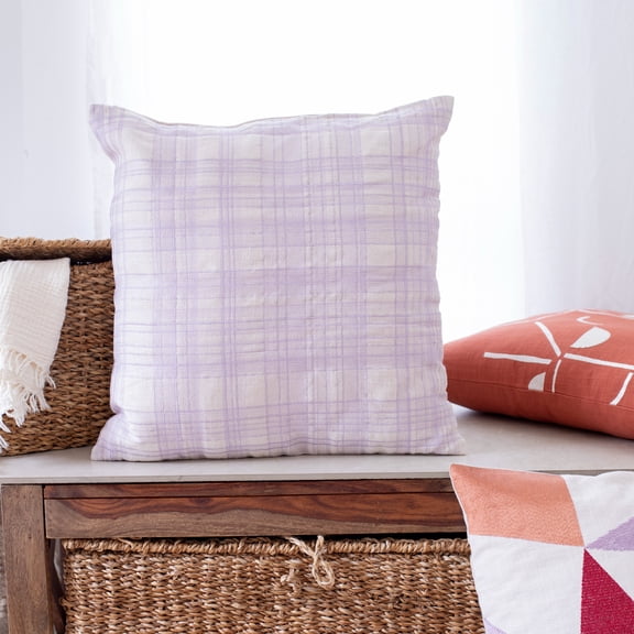 Laddha Home Designs Handwoven Embroidered Checkered Throw Pillow - 20 " - Cream and Purple