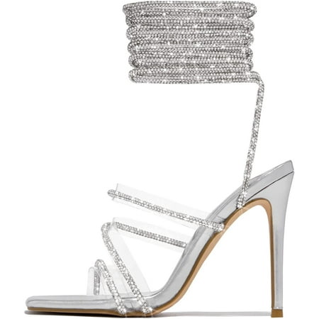 

THE SHY Rhinestone Strappy Heeled Sandals Open Toe High Heels Summer Stiletto Slingback Shoes